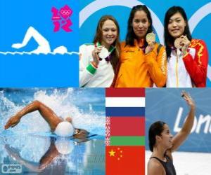 yapboz Podyum 100 metre bayanlar serbest, Ranomi Kromowidjojo (Hollanda), Aliaxandra Herasimenia (Rusya) ve Tang Yi (Çin) - Londra 2012 - Yüzme